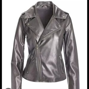 Boston Proper pewter faux leather moto jacket small